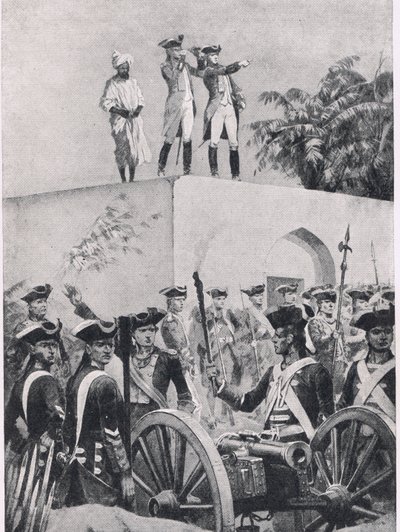 Batalha de Plessey, 23 de junho de 1757: Clive no telhado do pavilhão de caça Nawab Surat-ud-Daulas, ilustração das Batalhas Britânicas na Terra e no Mar, 1915 de Richard Caton Woodville junior