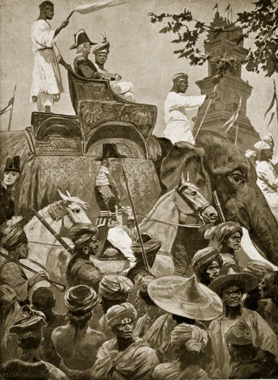 Tropas britânicas que entram em Cingapura, 1824, ilustração da "Hutchinson&39;s Story ofthe British Nation", c.1923 de Richard Caton Woodville junior