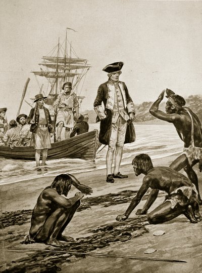 Capitão Cook desembarque na Tasmânia, 1777, ilustração da "História da nação britânica" de Hutchinson, c.1923 de Richard Caton Woodville junior