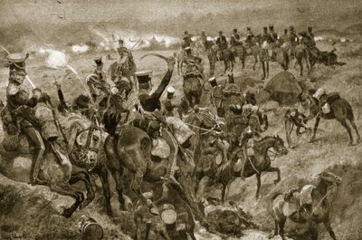 Carga dos Dragões em Talavera, ilustração da &39;Hutchinson&39;s Story of the British Nation&39;, c.1923 de Richard Caton Woodville junior