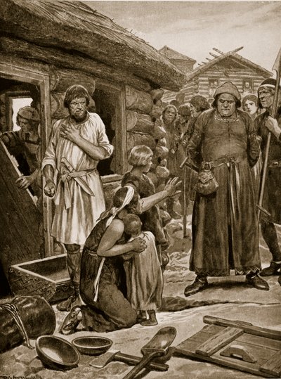 Sujeitos sobrecarregados ejetados de suas casas, ilustração da "Hutchinson&39;s Story ofthe British Nation", c.1923 de Richard Caton Woodville junior