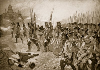 A Batalha de Blenheim: Atacando a aldeia, ilustração da "História da Nação Britânica" de Hutchinson, c.1923 de Richard Caton Woodville junior