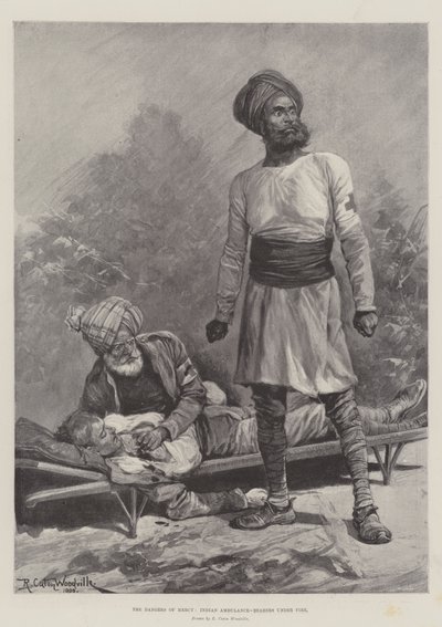 Os perigos da misericórdia, portadores de ambulância indígena sob fogo de Richard Caton Woodville junior