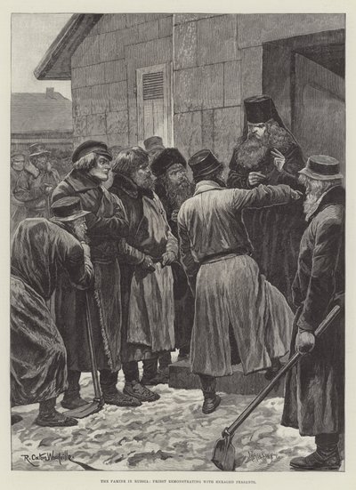 A fome na Rússia, sacerdote protestando contra os camponeses enfurecidos de Richard Caton Woodville junior