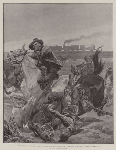O Hemming-In dos Boers, um trem blindado frustrando uma tentativa de Burghers para atravessar a ferrovia de Richard Caton Woodville junior