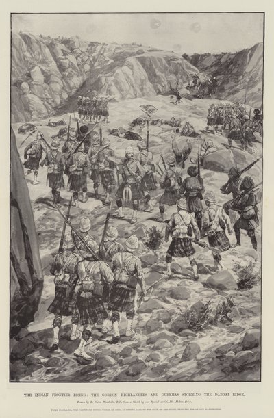 The Indian Frontier Rising, os Gordon Highlanders e Gurkhas atacando o Dargai Ridge de Richard Caton Woodville junior