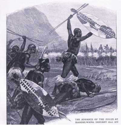 O avanço dos zulus em Isandhlwana 22 de janeiro de 1879, ilustração das batalhas britânicas em terra e mar, 1915 de Richard Caton Woodville junior