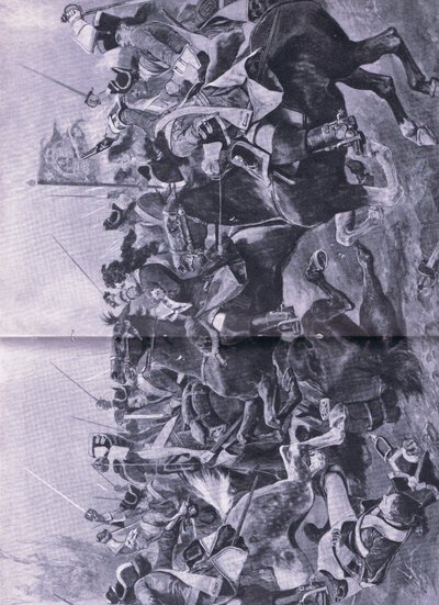 O conflito de cavalaria na Batalha de Ramilles, 3 de maio de 1706, ilustração das Batalhas Britânicas na Terra e no Mar, 1915 de Richard Caton Woodville junior