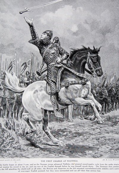 A primeira acusação em Hastings: Taillefer, o malabarista de espadas de menestrel, cavalgou das fileiras cantando e jogando sua espada para o alto, 1066, ilustração da "História da Nação Britânica" de Hutchinson, c.1 de Richard Caton Woodville junior