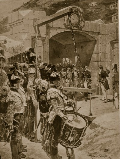 A rendição da ilha Maurícia aos britânicos em 1810, ilustração da "História da nação britânica" de Hutchinson, c.1923 de Richard Caton Woodville junior