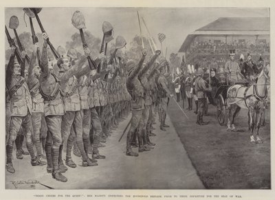 Três elogios para a rainha !, Sua Majestade inspecionando a brigada doméstica antes de sua partida para o assento da guerra de Richard Caton Woodville junior