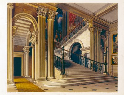 Caso de escada, Buckingham House, de "A história das residências reais", gravada por William James Bennett (1787-1844), por William Henry Pyne (1769-1843), 1819 de Richard Cattermole