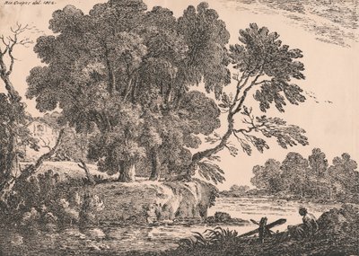 Paisagem com grupo de árvores rodeadas de água, casa de campo à esquerda, mulher sentada em primeiro plano à direita de Richard Cooper the Elder