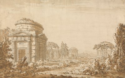 Paisagem clássica italiana com templos e um aquaduto em ruínas de Richard Cooper the Younger
