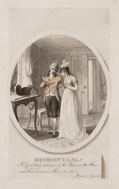 O Sr. Courtney mostrando a Henrietta o retrato em miniatura de sua mãe, Livro 5, Capítulo 4, ilustração de uma edição de 1798 de "Henrietta", de Charlotte Lennox, c.1798 (lápis e wc no papel) de Richard Corbould