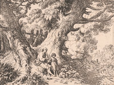 Árvores velhas com homem velho, criança e cão de Richard Corbould