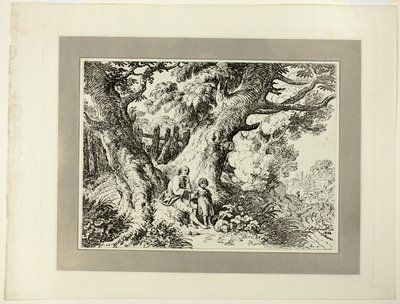 Árvores velhas com um homem velho, uma menina e um cachorro, da primeira edição de Specimen of Polyautography de Richard Corbould