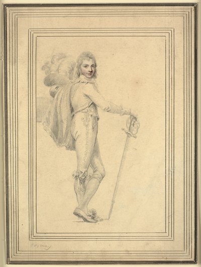 Retrato de corpo inteiro de um cavalheiro com espada em uma mão e um chapéu emplumado na outra de Richard Cosway