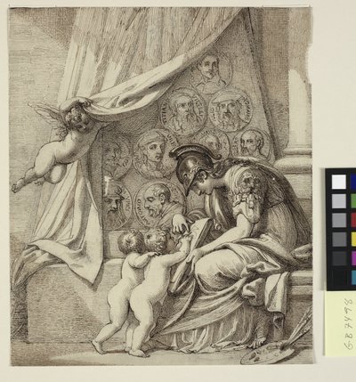 O gênio da pintura. Minerva instruindo putti na arte da pintura. Desenho para a água-forte de Pierre Condé, Memorial a Robert Udney Esq. de Richard Cosway