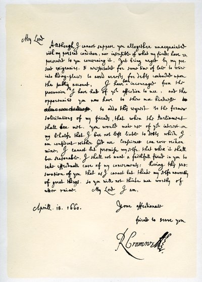 Carta de Richard Cromwell, lorde protetor, ao general George Monck, em 18 de abril de 1660. de Richard Cromwell