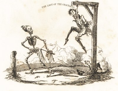 Vinheta de um esqueleto e de um homem pendurado num gibbet,1827 (gravura) de Richard Dagley