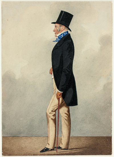 Retrato de homem de casaco preto e gravata azul e branca de Richard Dighton