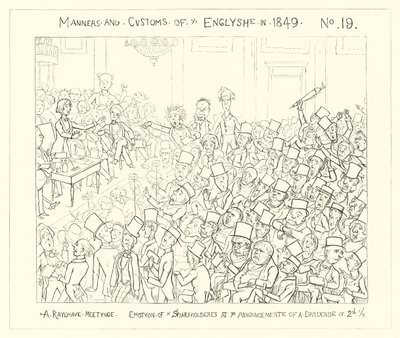 1849, Uma Reunião Ferroviária, Emoção dos Acionistas no Anúncio de um Dividendo de dois e meio centavos de Richard Doyle