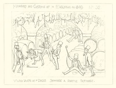 1849, as abóbadas de vinho nas docas, mostrando uma festa de degustação de Richard Doyle