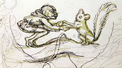 Goblin e Esquilo (caneta, lápis e lavagem em papel) de Richard Doyle