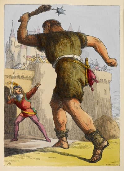 Jack pronto a lutar contra um gigante fora de um castelo. Ilustração a cores num livro infantil. de Richard Doyle