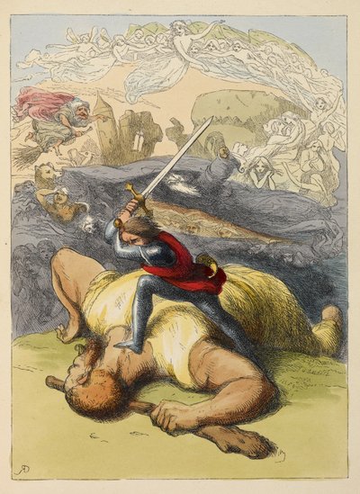 Jack em pé no corpo de um gigante, com a sua espada erguida. Ilustração a cores num livro infantil. de Richard Doyle