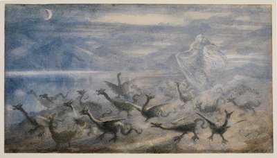 Paisagem enluarada, com uma bruxa e jovens dragões, 1876 de Richard Doyle