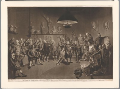 Membros da Royal Academy em um interior com um modelo masculino nu, 1768 A Royal Academy of Arts, instituída pelo Rei, no ano de 1768 (título no objeto) de Richard Earlom
