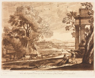 Liber Veritatis: No. 133, A Landscape, with Cattle, and the Angel Comforting Hagar, 1776. de Richard Earlom