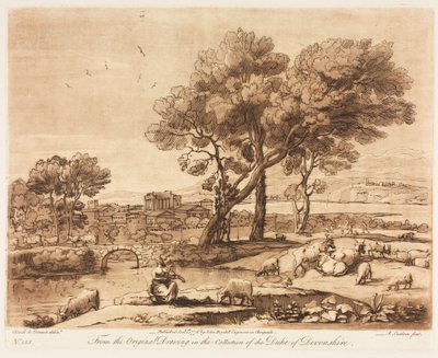 Liber Veritatis: No. 135, A Landscape, with Buildings, Mercury Stealing Admetuss Cattle ..., 1776. de Richard Earlom