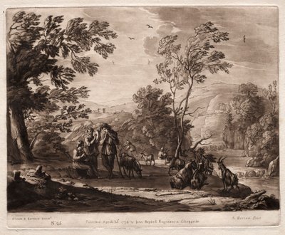 Liber Veritatis: No. 25, Uma paisagem montanhosa e arborizada com pastores brincando e cabras navegando de Richard Earlom