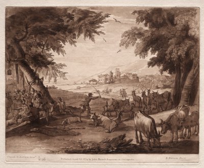 Liber Veritatis: No. 36, Cena Pastoral com Aldeões e um Rebanho de Bois e Cabras de Richard Earlom