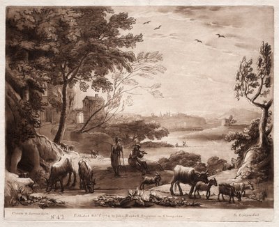 Liber Veritatis: No. 42, Paisagem do rio com pastor e pastora ..., 1774. de Richard Earlom