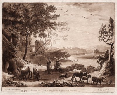 Liber Veritatis: No. 42, Uma paisagem fluvial com um pastor e uma pastora e um rebanho de gado de Richard Earlom