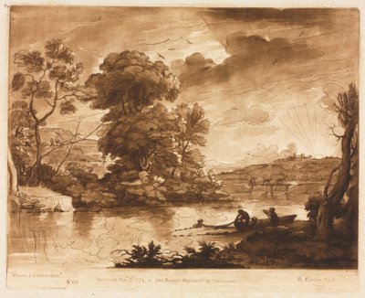 Liber Veritatis: No. 68, Uma paisagem ao pôr do sol com pescadores puxando uma rede de Richard Earlom
