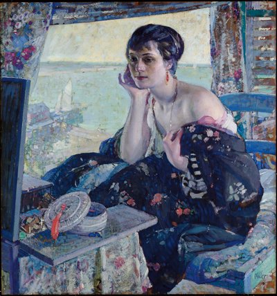 Mulher perto de uma janela (óleo no painel) de Richard Emil Miller