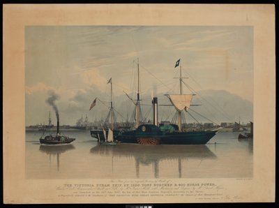 Esta placa, a partir de uma pintura original de Ward, do navio a vapor Victoria, de 1200 toneladas de peso e 400 cavalos de potência... lançado em 20 de junho de 1837... (água-tinta, cor, cartão) de Richard G. Reeve