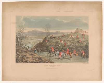 Paisagem montanhosa com caçadores e cães em uma lebre de caça de campo Caça às Lebres, Placa 1. Soho! (título no objeto) de Richard Gilson Reeve