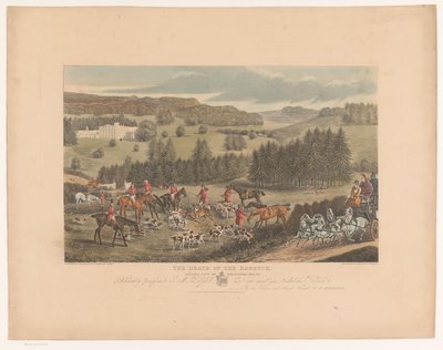 Caçadores e cães em torno de um cervo moribundo perto de Whatcombe House The Death of the Roebuck, com vista para Whatcombe House (título no objeto) de Richard Gilson Reeve