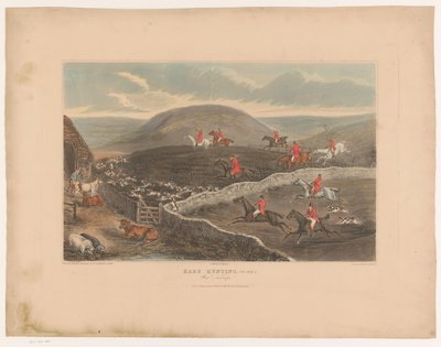 Paisagem com cães e caçadores a cavalo correndo pelos campos Caça à Lebre, Placa 2. Nabos de Guerra! (título no objeto) de Richard Gilson Reeve
