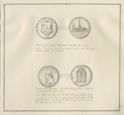 Lichfield - Medalhas da Catedral de Lichfield e das Armas da Cidade, e um retrato de Richard Greene: desenho a caneta, sd [início do século 19] (desenho) de Richard Greene