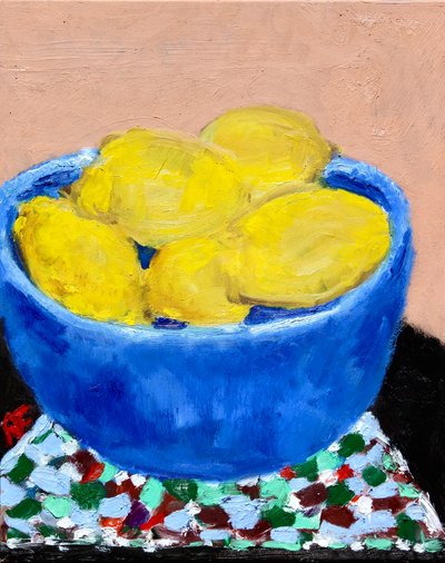 Natureza morta com limões em uma tigela azul, 2021 (óleo sobre tela) de Richard H. Fox