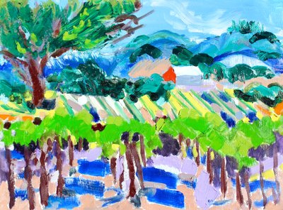 Vinhedo com celeiro vermelho, 2021 (azeite sobre papel) de Richard H. Fox
