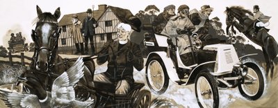 Um automóvel novo e barulhento que assusta os habitantes da aldeia e os seus cavalos de Richard Hook