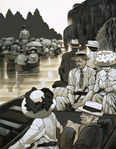 Debutantes "a sair" em Royal Henley, quando o rio estava cheio de barcos de Richard Hook